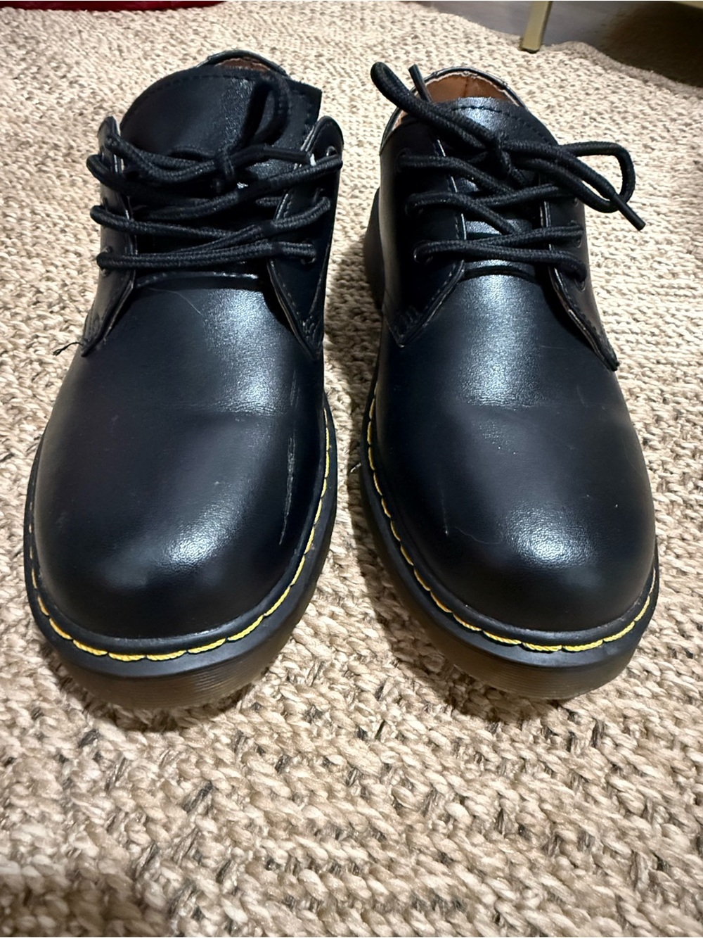 Dr. Martens Black Leather 3-Eye Derby Shoes with Yellow Stitching